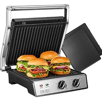 DEIK Panini Press, 6-in-1 Smokeless Indoor Grill with Timer and Temperature Control, 4 Non-Stick Removable Plates, Opens 180 Degrees for Panini, Grilled Meat, Steaks