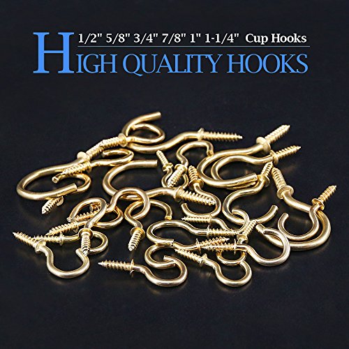 Glarks 120Pieces 6 Size Brass Plated Screwin Cup Hooks Lag Thread