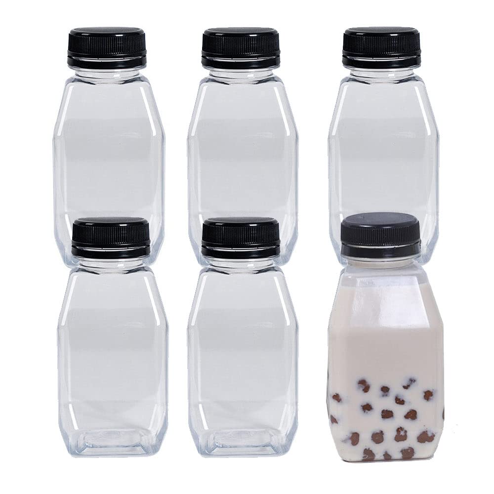 n 6 Pack 280ml Empty Plastic Juice Bottles Reusable Clear Drink Containers with BlackTamper Proof Lids for Juice, Milk, Coffee and Other Beverage