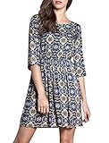 Allegra K Woman 3/4 Sleeves Elastic Waist Floral Above Knee A Line Dress