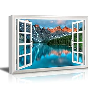 Window View Nature Landscape with Lake and Forest in Mountains