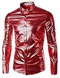 JOGAL Men's Trend Nightclub Styles Metallic Silver Button Down Shirts (Large, Red)