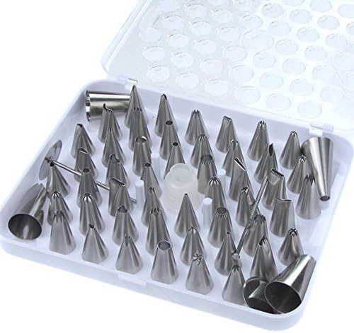 Ezidy 52pcs Icing Piping Set Large Stainless Steel Cake Decoration Tips Flower Icing Piping Nozzles with Coupler and Hinged Storage Box (52)