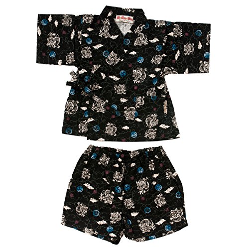 FUN fun Japanese Kimono Jinbei Baby/Toddler Kids Shirt + Pants Outfits Clothes 2Pcs/Set H: 29.5-33.5inch; Dragon & Cloud, Black