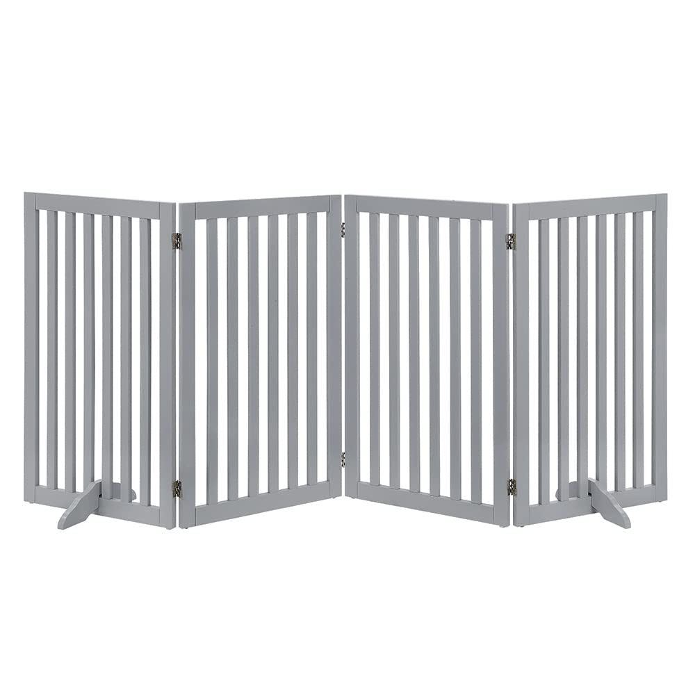 unipaws Freestanding Pet Gate, Folding Wooden Dog Gate, Indoor Barrier with 2PCS Support Feet (203cm Wide, 91cm Height, 4 Panels) Light Grey