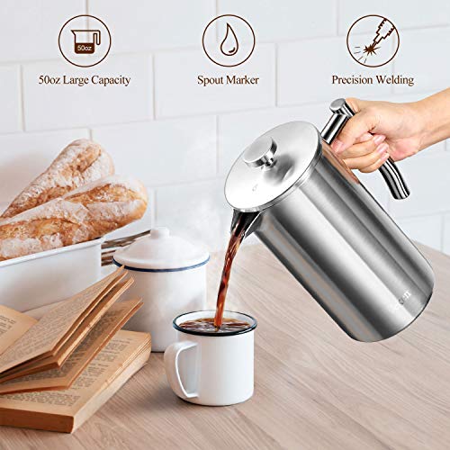 Veken French Press DoubleWall 18/10 Stainless Steel Coffee & Tea Maker