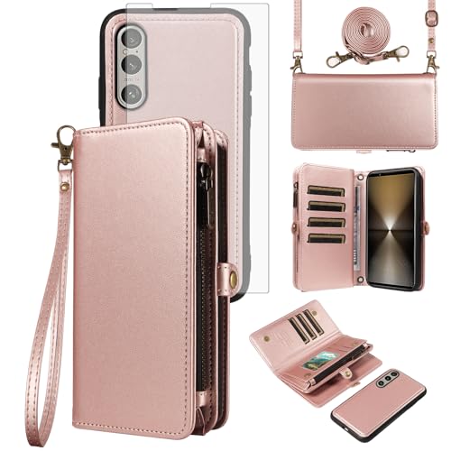 Asuwish Phone Case for Sony Xperia 1 VI 5G 2024 Zipper Wallet Detachable Cell Cover with Tempered Glass Screen Protector Crossbody Lanyard Strap Flip Card Holder Slot 1VI XQ-EC54 XQ-EC72 Rose Gold