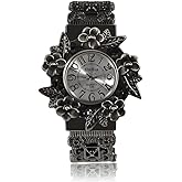 Weicam Women Vintage Cuff Bangle Bracelet Watch Carved Flowers Analog Quartz Wrist Watch