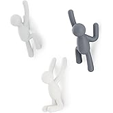 Umbra Buddy Wall Hooks – Decorative Wall Mounted Coat Hooks for Hanging Coats, Scarves, Bags, Purses, Backpacks, Towels and More, Set of 3, Grey