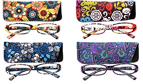 SOOLALA 4-Pair Designer Fashionable Spring Hinge Rectangular Reading Glasses w/ Matching Pouch, 4pcs, +3.0