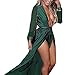 Miss ord Women's Sexy Deep V Long Sleeve High Split Maxi Dress with Belt Swimsuit Swim Beach Maxi Cover Up Dress Green
