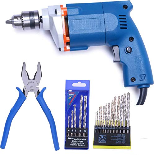 Digital Craft Electric Drill Machine Combo (10 mm) Blue 13pc hss Drill Set 5 pc masonary Drill Set and plier Angle Drill (10 mm Chuck Size) Pistol Grip Drill (10 mm Chuck Size)