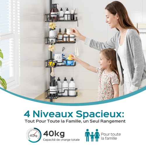 HAMITOR Shower Shelf No Drilling, Telescopic Corner Shelf, Bathroom, Ideal for Small Bathrooms & Tenants, 4-Tier Rustproof Metal Shelf with Large Capacity for Whole Family, Adjustable Length, 119-312