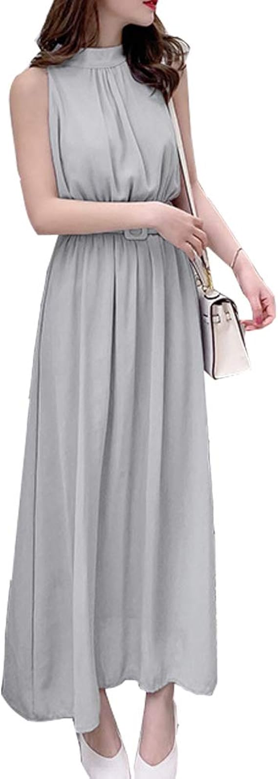 Amazon Myou マキシ丈ワンピース ノースリーブ シフォン 無地 ロング ドレス パーティー 結婚式 二次会 発表会 レディース 裏地あり ベルト付き 上質 グレー ワンピース チュニック 通販