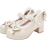 LUXMAX Women Kawaii Mid Block Heel Mary Jane Rockabilly Pumps with Bow Platform Chunky Heel Cute Sweet Shoes