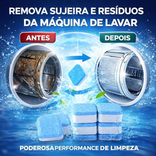 Kit 12 Pastilhas Premium para Limpeza de Máquina de Lavar, Remove Odor, Resíduos, Sujeiras, Higieniza e Dá Brilho no Cesto de Roupas