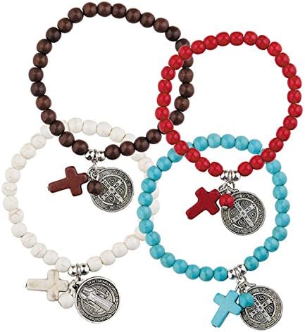Saint Benedict BraceletAssorted Colors Stone Charm Bracelet with Saint Benedict Medal, 7 1/2 Inch, Pack of 4