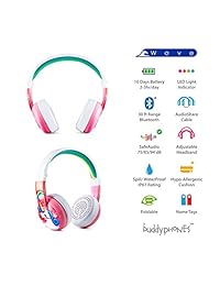Auriculares inalámbricos Bluetooth para niños   BuddyPhones Wave de niños volumen seguro limitado a 75, 85 o 94 dB de carga plegable y resistente al agua 24 horas de duración de la batería,Cable opcional para compartir audio