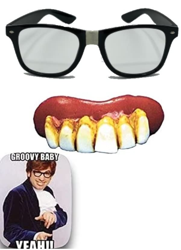 Dreamzfit - Men's Austin Powers Spy 2 Piece Set - Fake Teeth + Nerd Glasses Black (NO LENS). - 60s Gigolo Groovy Baby Fancy Dress Carnival Costume