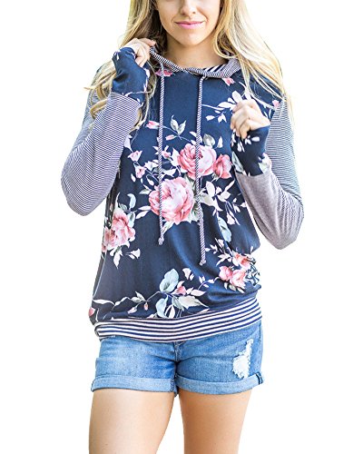 Huiyuzhi Womens Floral Printed Striped Long Sleeve Hoodie Pullover Sweatshirts
