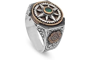 Jewellery Pit - Emerald Ring Men,Compass Silver Emerald Ring, Stress Wheel Design, Natural Stone Ring, 925 Sterling Silver Ri