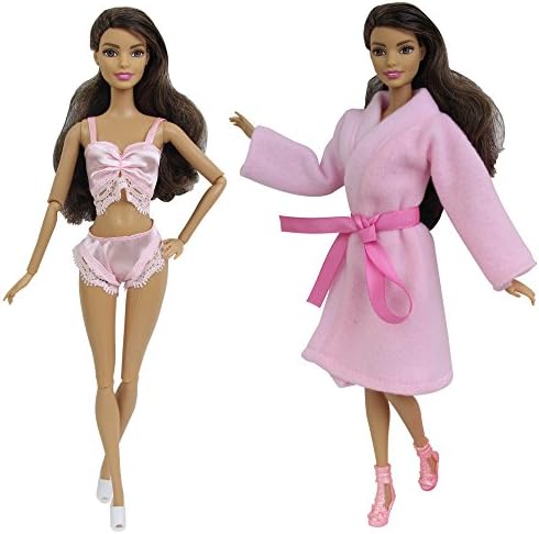 Fashion Handmade Nightwear Bathrobes Clothes +Underwear + Top for Barbie Doll Clohtes- Pink Color