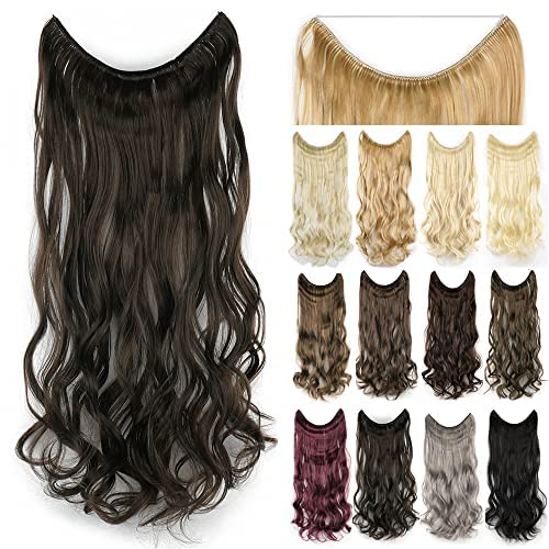 IMISSU 22'' 26'' Long Body Wavy Hair Extensions Fish Line Hairpiece Synthetic Invisible Secret Wire Headwear Flip Curly Hair Extension Pieces (26 Inch,Dark Brown)