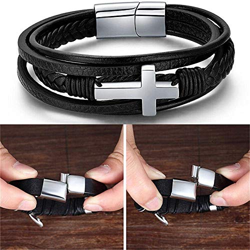 Men's Faith Bracelet for Men Cross Leather and Steel Cross Bracelet
