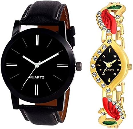 Analogue Black Leather Strap And Golden Watch For Men And Women