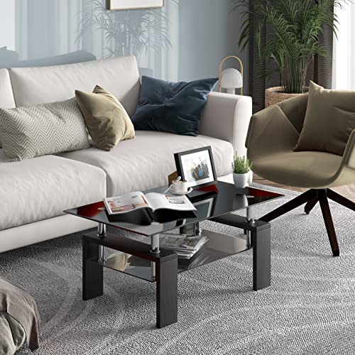Tangkula Rectangle Glass Coffee Table, 2Tier Tea Table w/Tempered