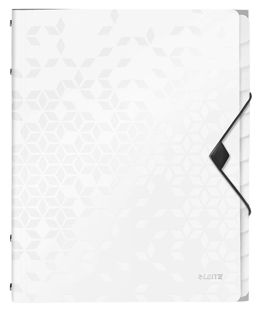 Leitz A4 Divider Book, Holds Up to 200 Sheets, Integrated Index with 12 Compartments, Elastic Closure, White, WOW Range, 46340001
