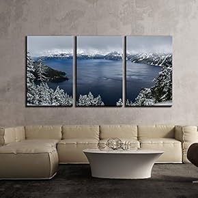 3 Piece Canvas Wall Art - Winter Landscape with Panorama of Mountain and Lake in Cloudy Day - Modern Home Art Stretched and Framed Ready to Hang - 16"x24"x3 Panels