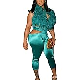 THLAI Women's 2 Piece Bodycon Sexy Pants Sets Sleeveless Fuzzy Halter Top Hollow Out Pants Going Out Clubwear Outfits