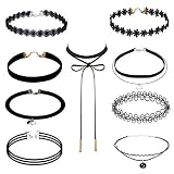 Hunputa 9 Pieces Black Velvet Chokers Necklaces, Stretch Tattoo and Black Bead Chokers Necklaces