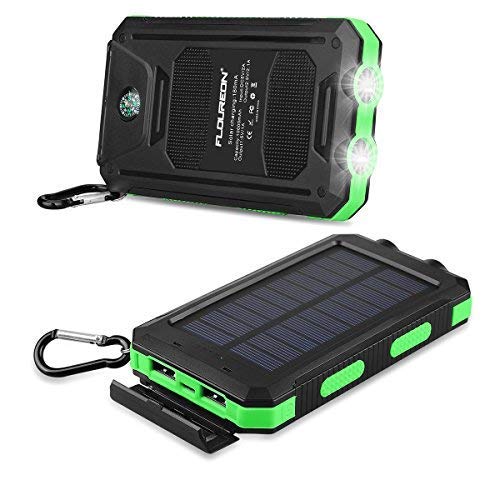 FLOUREON 10000mAh Power Bank with Solar Charging Portable Mobile Phone Charger Dual 2.1A USB Output Waterproof External Battery Replacement for iPhone iPad Samsung Galaxy Android