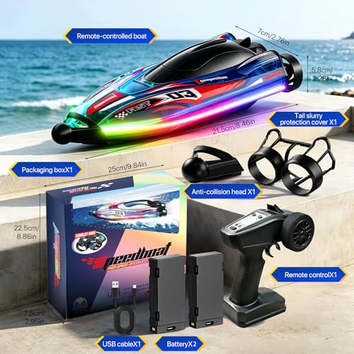 RC Boat Speed 30Km/H Brushless Motor, 360° Automatic Recentring,Rc Boat Led Lights, Shock Resistant And Waterproof, 2.4Ghz Radio Controlled For Kids And Adult