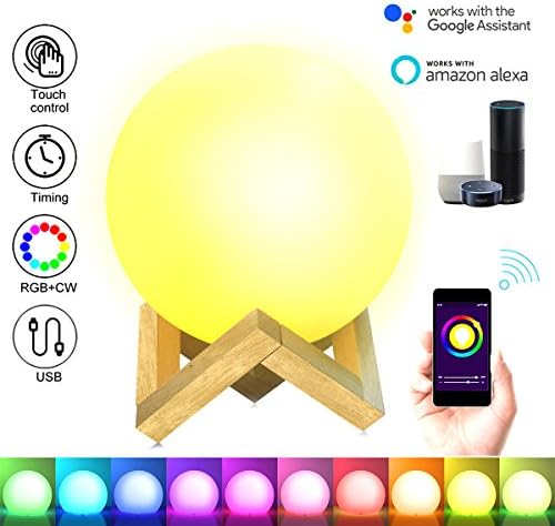MICINI Smart Mood Light Compatible with Alexa and Google home Wifi smart bedroom night light controlled by smartphone Smart mood light with wooden support (circle)
