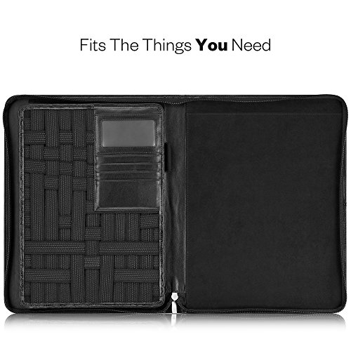 KAVAJ Leather Padfolio New York Black (Size A-4) - Zippered Business Portfolio Resume With Notepad Organizer Travel Folder Case With Notebook Case Folio Binder