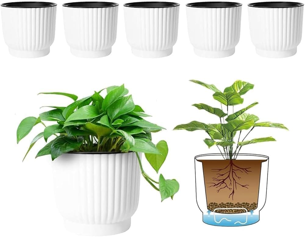 T4U Mini Self Watering Plant Pots 6 Pack 10cm White Plastic Indoor Planters