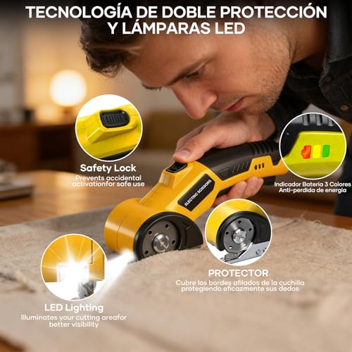 Kayoosi Tijeras Eléctricas Inalámbricas Recargables con 3 Cuchillas de Recambio, Tijeras para Tela con Interruptor de Seguridad, Cortador de Carton, Aptas para Plástico, Cuero, Textiles, Cartón.