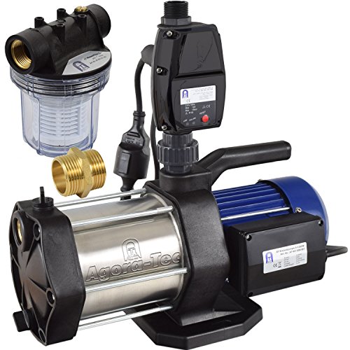 Agora-Tec® AT-Hauswasserwerk-5-1300-5DW-1L 5 stufige Kreiselpumpe mit max: 5,6 bar und max: 5400l/h inkl. Druckschalter mit Trockenlaufschutz und Vorfilter