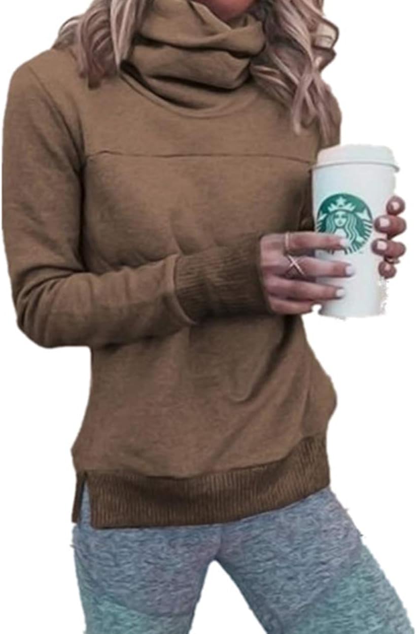 Barlver Women's Casual Hoodies Long Sleeve Sweatshirts Cowl Neck Drawstring Hooded Pullover Top with Pockets: Clothing