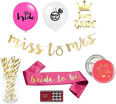 Bachelorette Party or Bridal Shower Decorations Kit: Supplies include Bride to be Sash, Miss to Mrs. Gold Banner, Balloons, Bride Tribe Tattoos and Dare Card Game