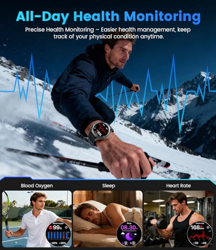 FitVigor Military Smart Watch for Men, 1.53" Fitness Tracker with 1000 mAh Ultra-Long Battery/Flashlight/Bluetooth Calling/Health Monitor / 120+ Sports Modes / IP68 Waterproof for iOS Android, Black