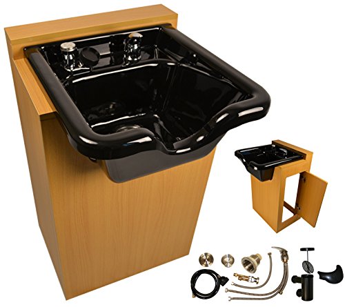 LCL Beauty Natural Oak Deluxe Shampoo Cabinet with Heavy Duty Acrylic Fiber Shampoo Bowl & Vacuum Breaker w/ 6 Black Towels - Thumbnail 6