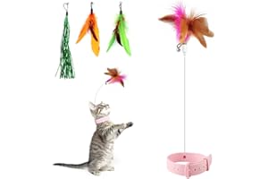 Otunrues Cat Feather Collar Toys, Interactive Cat Toys for Indoor Cats Teasing Wand Feather Collar Funny Cat Toy with Bell and Replaceable 3 Refills Multiple Ways for Cats to Play(Pink)
