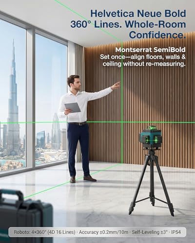 Laser Level, Self Leveling Laser Level 4D 16 Line 360° Green, Tripod & Wall Mount, Remote, Lift Platform, 2×2400mAh, IP54, ±0.2mm/10m