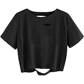 Sofia's Choice Women's Summer Casual Short Sleeve Tops Distressed Ripped Crop Top T Shirt