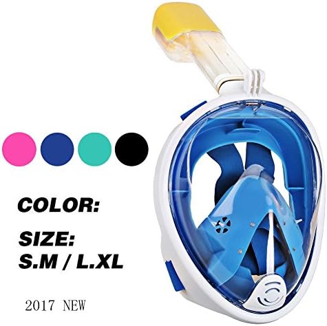 Full Face 180° Snorkeling Mask Wide View Area Portable Snorkel Mask Seaview Underwater Diving Swimming Scuba Anti-fog Anti-leak Full Dry Free Breathing Snorkel Mask (Blue, L)
