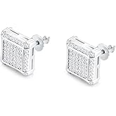 18K Gold Plated 925 Sterling Silver Iced Out Cubic Zirconia Screw Back Square Stud Earring For Men and Women Hypoallergenic Earring TwoTone Micropave Hip Hop Jewelry-Silver